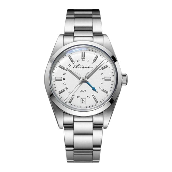 Herreure GMT med dato Vandtæt 100 m Luminiscerende indekser BGW9 Urkasse 36 mm Rustfrit stål 316L Mineralglas Til rejser og svømning hvid