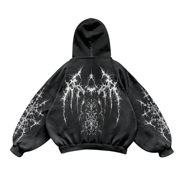 Herrhoodie med fickor Svart enfärgad hoodie med gotiskt motiv av ängel i bomull och polyester Stilig streetwear för män S