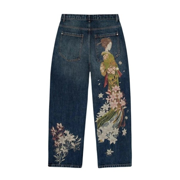 Herrjeans blå med tryck av geisha och blommor, låg midja, lös passform, med fickor, denim S