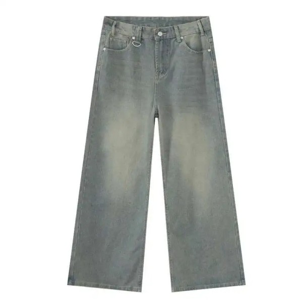 Herrjeans med raka axelband och metallring Tvättad look Vida ben Långbyxor Casual streetwear Snygga jeans grå S
