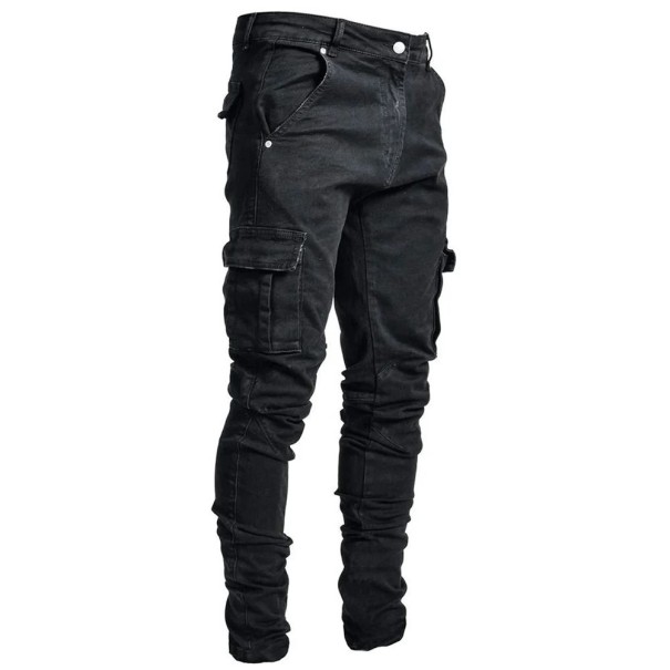 Herrjeans med slim fit och cargo-mönster Snygga jeans med flera fickor Moderna byxor för både city och fritid Slim fit Bekväm denim svart 3XL