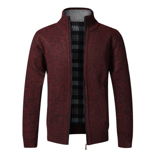 Herrkardigan med dragkedja och polokrage Enfärgad elegant tröja för män Höst- och vinterstickad jacka Polyester Olika färger vinröd M