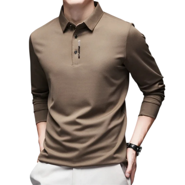 Herrpolotröja med lång ärm Enfärgad design Knappstängning Krage Polyester Elegant topp för vardagsbruk brun L