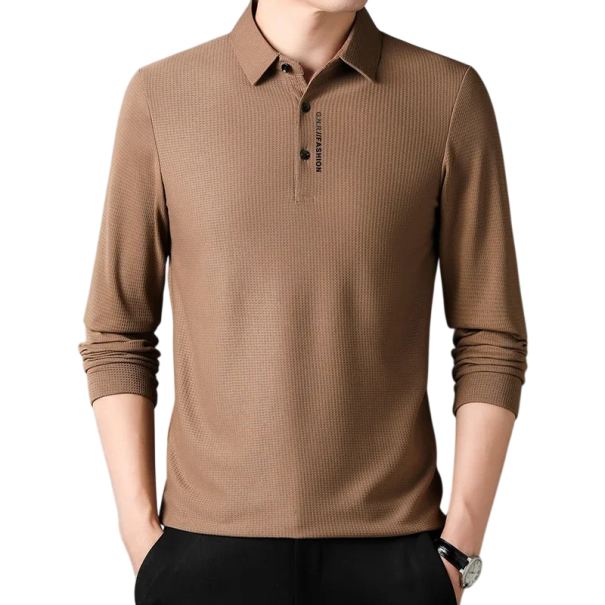 Herrpolotröja med lång ärm och krage samt knappar Enfärgad elegant tröja i polyester för vardagsbruk brun XS