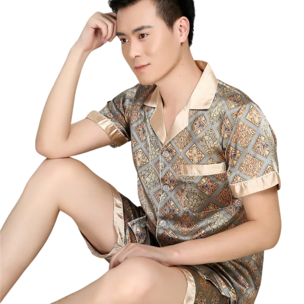 Herrpyjamas kort ärm och shorts med krage Knappstängning Ficka Polyester Guld med ornament XS