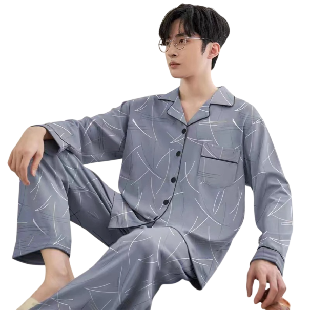 Herrpyjamas lång ärm och byxor med krage Knappstängning Polyester Blågrå pyjamas med mönster och ficka M