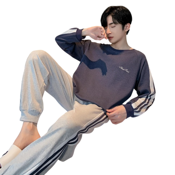 Herrpyjamas lång ärm och grå byxor O-hals Polyester Spandex Blå pyjamas med text för bekväm sömn XL