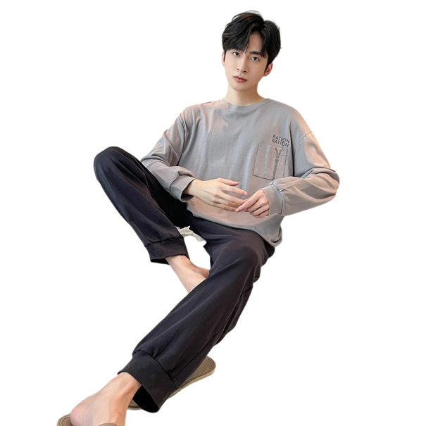 Herrpyjamas lång ärm och svarta byxor O-hals Polyester Spandex Grå pyjamas med text ration på bröstet M