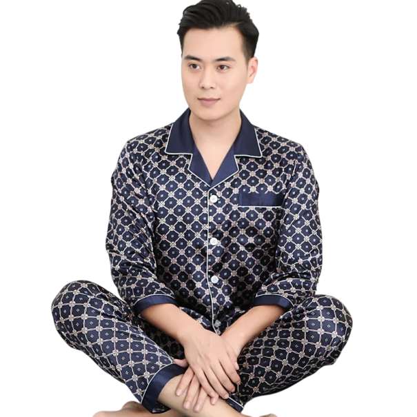 Herrpyjamas långärmad och byxor med krage Knappstängning Fickor Polyester Mörkblå med ornament S