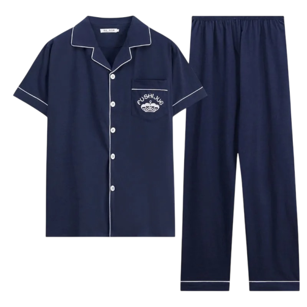Herrpyjamas skjortmodell med kort ärm Mörkblå Byxor med fickor Krage Knappar Polyester bomull S