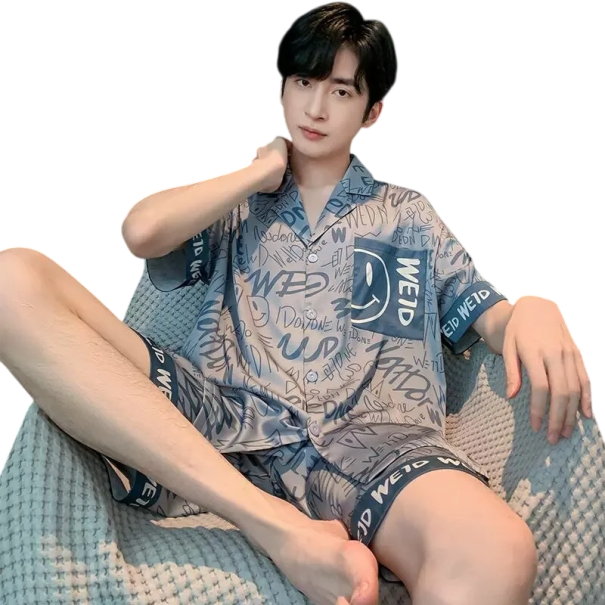 Herrpyjamas T-shirt med kort ärm och shorts Knappstängning med krage Polyester siden Grå med emoji tryck S