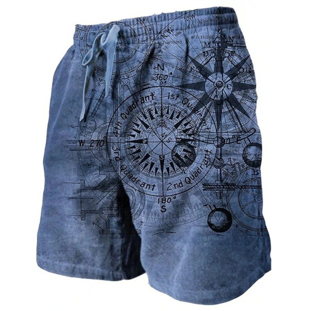 Herrshorts i polyester Enfärgad Kompassmotiv Med snörning Med fickor Sommarstrand- och badshorts mörkblå XXS