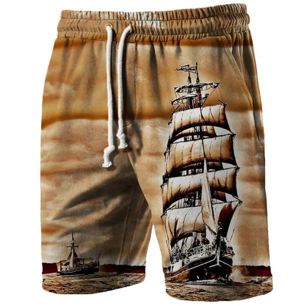 Herrshorts i polyester Enfärgade Båtryck Snörning Med fickor Sommarstrand till pool brun XL