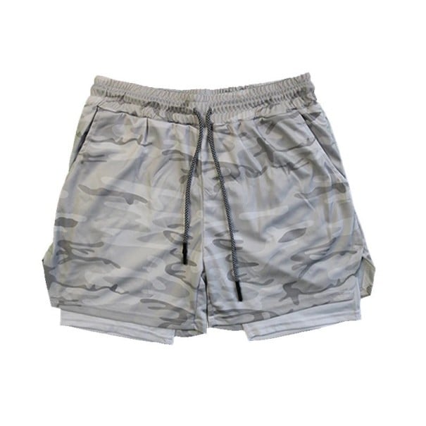 Herrshorts i polyester med camouflagemönster, dubbelskikt, vit innerskikt, snörning och fickor, sommar sportiga ljusgrå XS