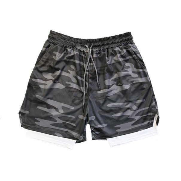 Herrshorts i polyester med camouflagemönster, dubbelskikt, vit innerskikt, snörning och fickor, sommar sportiga mörkgrå XS