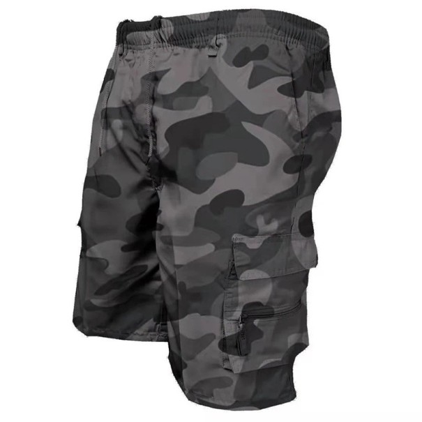 Herrshorts med kamouflagemönster, knälånga, lös passform, flera fickor, resår i midjan, slitstarka shorts för naturen, vandring, camping grå XXS