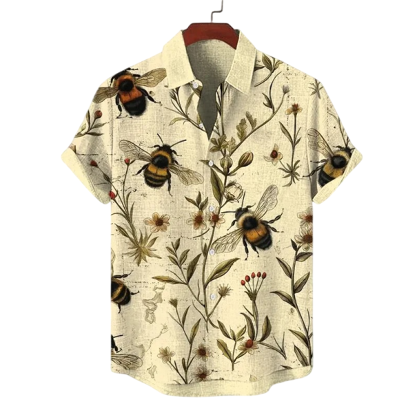 Herrskjorta med knäppkrage Kort ärm Polyester Spandex Beige Tryck av humlor Sommarkjorta för fritid M