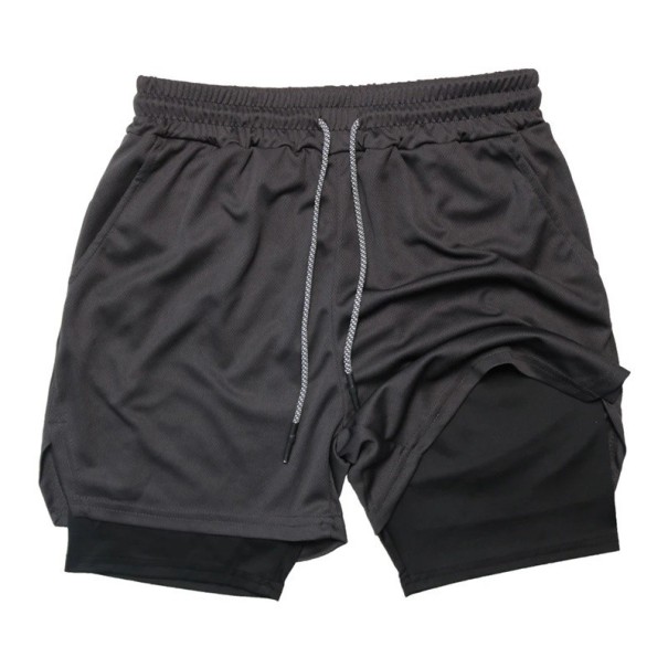 Herrsportshorts med dubbla lager, snabbtorkande för träning, med fickor, bekväma shorts med hög resår i midjan för löpning och träning svart L