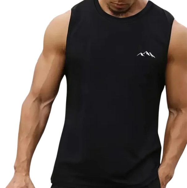 Herrtopp i en färg med rund hals O Bergtryck Polyester Lätt sommartopp för sport fritid natur svart XS