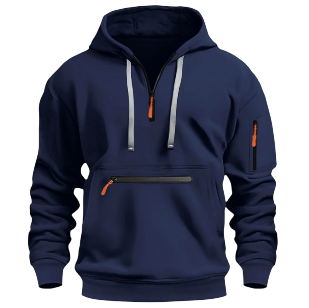 Herrtröja med huva och V-ringning med dragkedja Enfärgad hoodie med ficka på magen Extra ficka med dragkedja Fickor för händer Polyester mörkblå XL