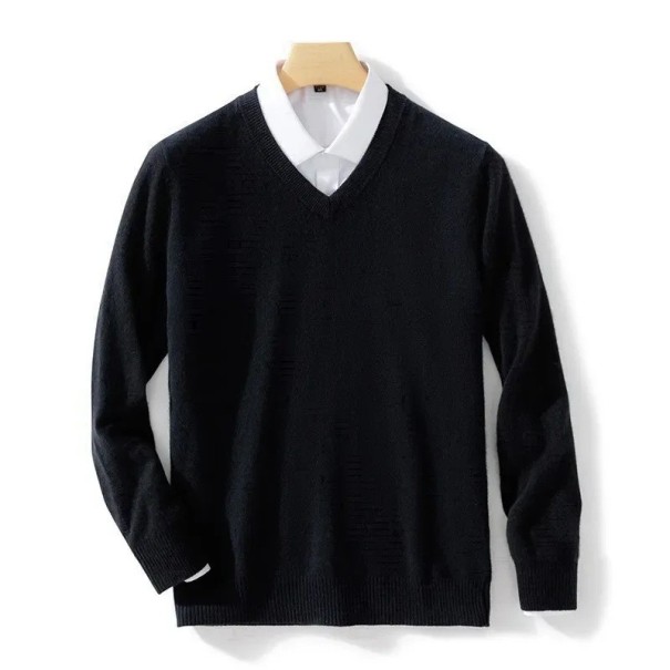 Herrtröja med lång ärm och V-ringning Enfärgad elegant stickad tröja Ull och elastiska fibrer Höst- och vintermode svart XS