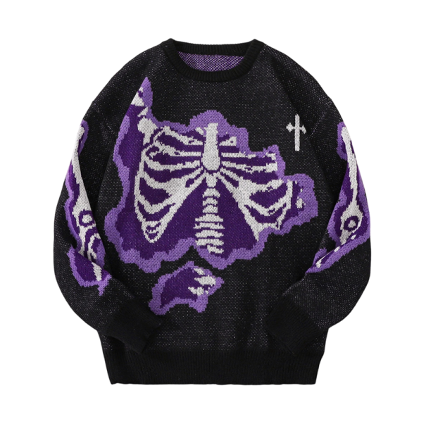 Herrtröja med O-ringning Stilren stickad tröja med skelettmönster Lång ärm Modern höst- och vintertröja Polyester Flera färger svart M