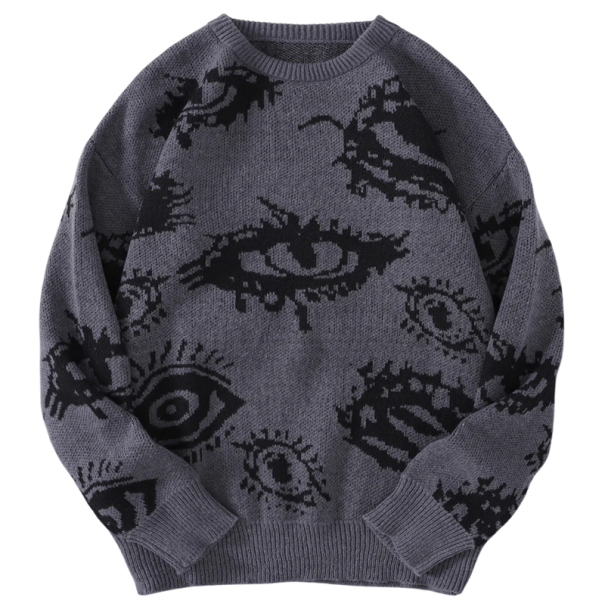 Herrtröja med rundad hals Enfärgad stickad tröja med abstrakt ögonmönster Lång ärm Stilig höst- och vintertröja Polyester mörkgrå L