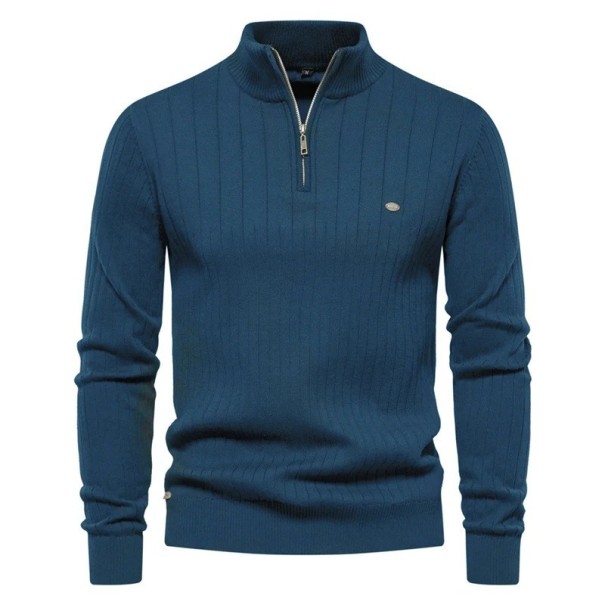 Herrtröja med zip-up polokrage Lång ärm Enfärgad stickad tröja Elegant vintermode Bomull Lycra Bekväm tröja Flera färger blå XL