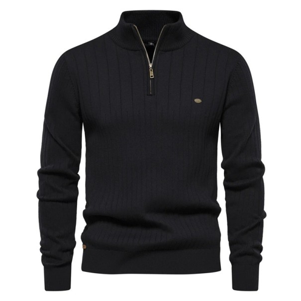 Herrtröja med zip-up polokrage Lång ärm Enfärgad stickad tröja Elegant vintermode Bomull Lycra Bekväm tröja Flera färger svart XXL