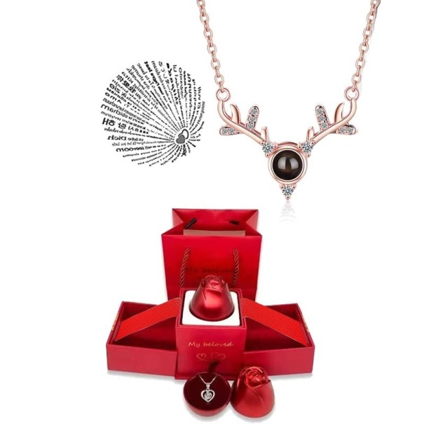 Hertenprojectie kettingset Titanium kettingprojectie Ik hou van jou in 100 talen Roosvormige geschenkdoos Rose gold