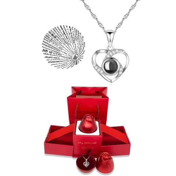 Herz-Projektions-Halsketten-Set, Titan-Kettenprojektion, „Ich liebe dich in 100 Sprachen“, rosenförmige Geschenkbox silbern