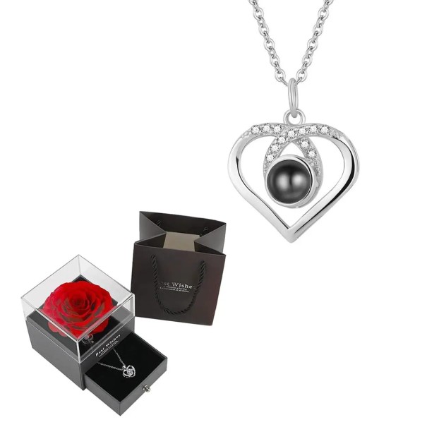 Herzförmiges Projektions-Halsketten-Set „Ich liebe dich in 100 Sprachen“, Titankette, Kupferanhänger, Rosenbox, Geschenk silbern