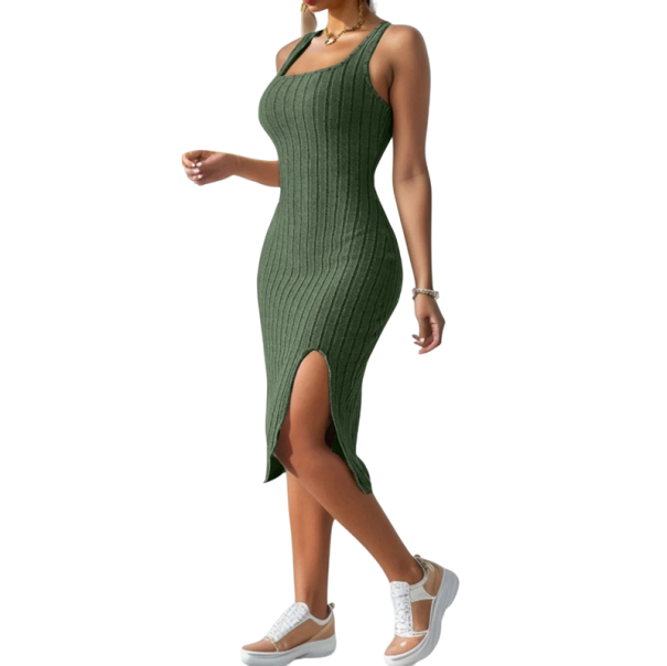 Hétköznapi bordás kötött ruha térdig érő ruha Bodycon magasan hasított ruha széles pántokkal Női alkalmi ruha zöld XXL