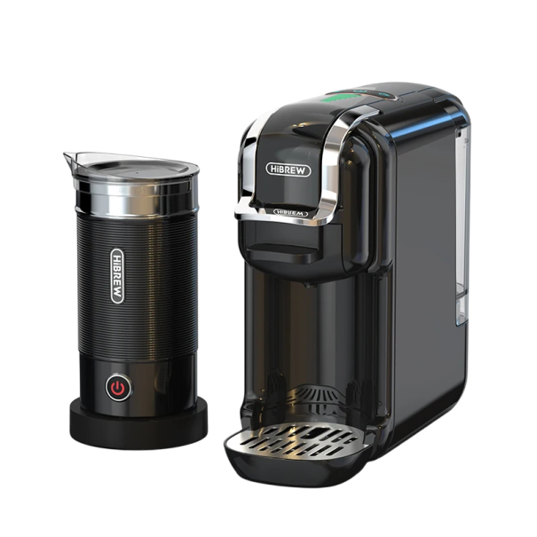 HiBREW H2B 5-i-1 fler kapsel kaffebryggare 20 Bar med mjölkskummare för både varm och kall kaffe, kompatibel med DG, Nespresso kapslar, ESE Pod och malet kaffe svart