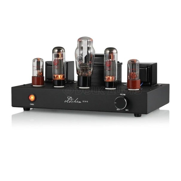HiFi elektronkový zesilovač single-ended třídy A 2× 10 W, elektronky EL34C a 6SN7GT, ocelové šasi, RCA vstup, černý, pro domácí stereo 1
