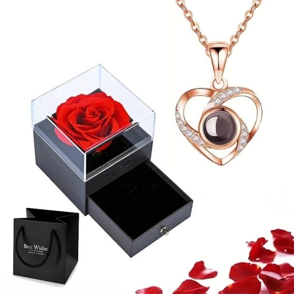 Hjärtformat projektionshalsband med projektion Jag älskar dig på 100 språk Box med ros Titanium kedja Kopparhänge Rose gold