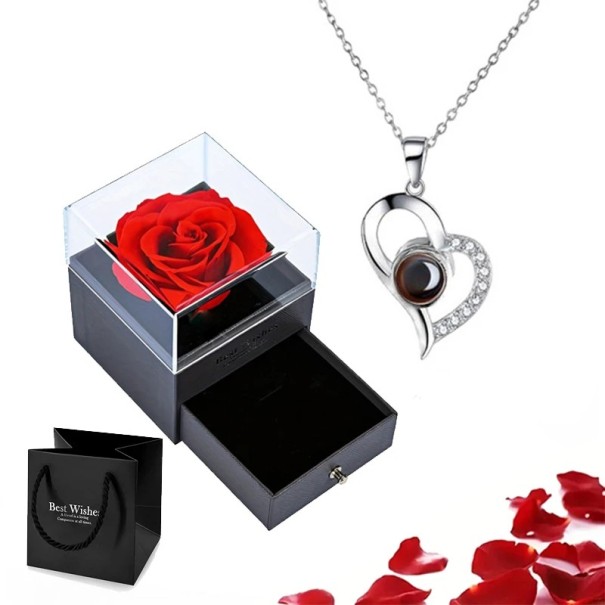 Hjärtformat projektionshalsband set med I love you på 100 språk och rosa presentask Titanium kedja silver