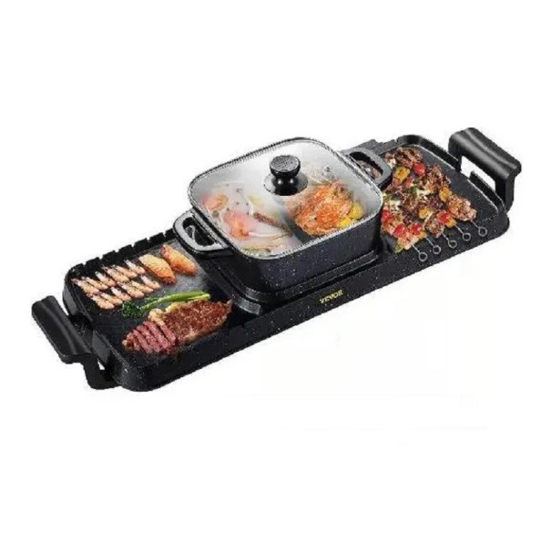 Hjem Røgfri elektrisk grill med gryde 2400 W 110 V Multifunktionel rektangulær grill med grillsæt To grillområder 73,5 x 26,5 x 19 cm 1