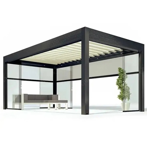 Hliníková bioklimatická pergola motorizovaná s výklopnými lamelami a LED světlem rozměr 3 x 3 nebo 3 x 4 m vodotěsná antracitová na terasu 1