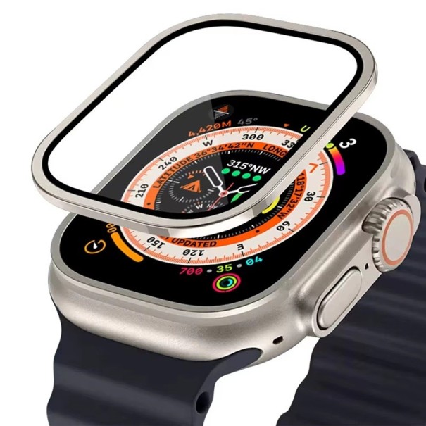 Hliníkové pouzdro s tvrzeným sklem pro Apple Watch Ultra 1 2 3 49 mm ochranný kryt displeje 9H odolná ochrana proti poškrábání stříbrná