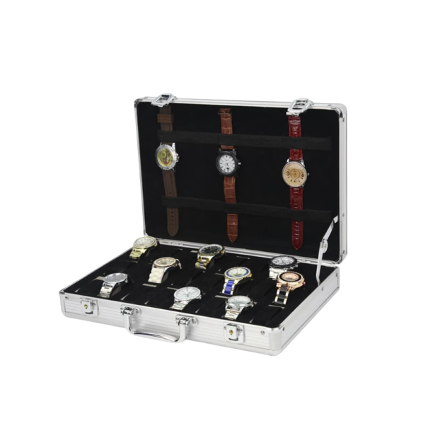 Hliníkový kufr na hodinky s 24 sloty 38x26x8 cm stříbrný s madlem a uzávěry pro uložení a přenášení hodinek 1