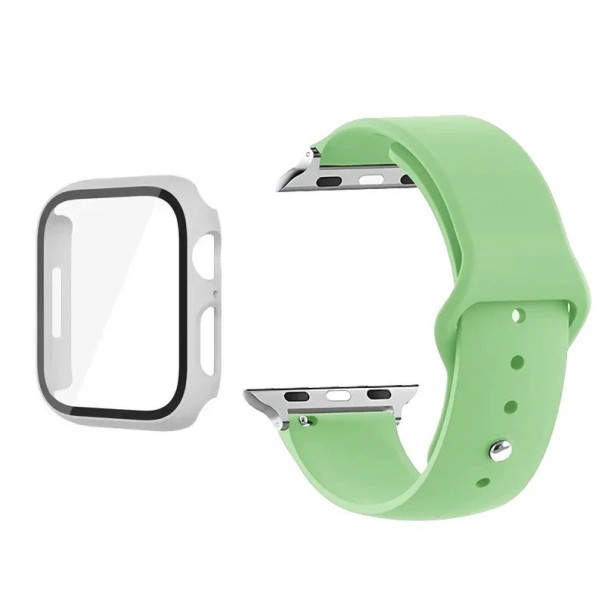 Hoes, gehard glas en band voor Apple Watch 44 mm Series 6/5/4/SE – 9H beschermglas voor het display, matte horlogekast, verstelbare band groen-wit