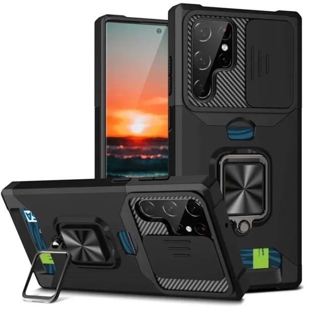 Hoesje voor Samsung Galaxy S26 Met schuifklep voor de camera Vingerhouder met magneet Kaartopslag Plastic hoes zwart