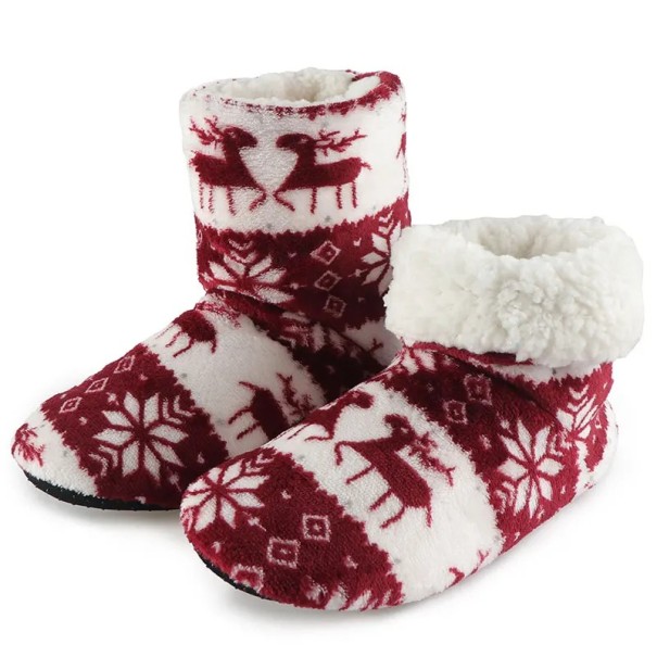 Hoge, warme damespantoffels met witte bontkraag. Pantoffels met kerstmotief van rendieren en sneeuwvlokken. Zachte winterschoenen voor thuis. wijnrood 39-41