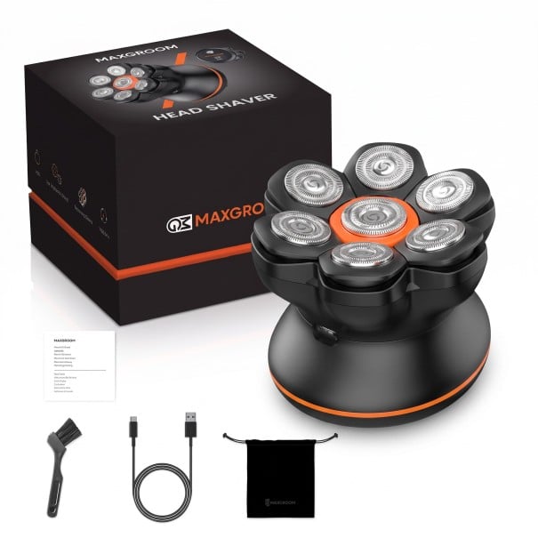 Holicí strojek na hlavu pro plešaté muže 7D Namokro i nasucho LED displej 8,6 x 8,6 x 7,6 cm USB nabíjení Černo-oranžový Zastřihovač vousů 1