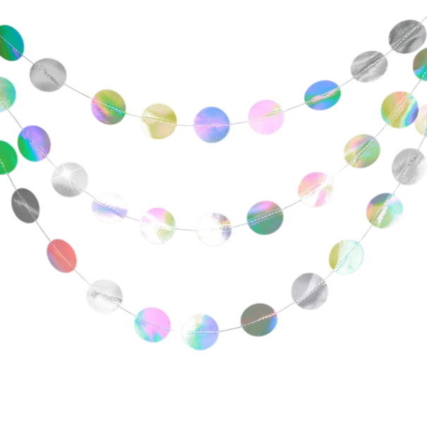 Holographic Garland with Round Paper Circles 3 m Paper Hanging Decoration with Rainbow Holographic Effect Silver Party Decoration 1