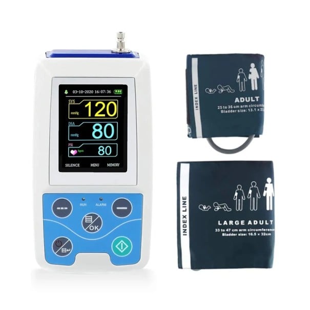 Holter krevního tlaku ambulantní tlakoměr na paži 24hodinové měření Manžeta 25 až 35 cm i XL 33 až 47 cm Bílá a modrá Pro domácnost 1