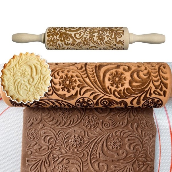 Holz-Teigroller 30,5 cm mit Blumen- und Wintermotiv Lasergravierter 3D-Roller zum Backen von Keksen und Lebkuchen 1