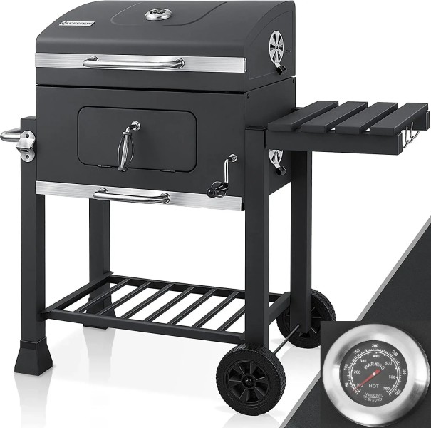 Holzkohlegrill 113x53,5x100 cm aus schwarzem Stahl mit Wagen, Thermometer, Aschenbecher, drei Grillrosten und Seitentisch