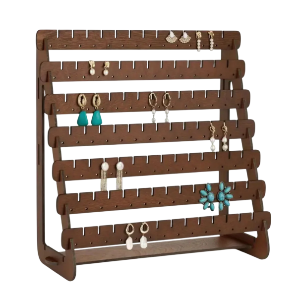 Holzständer für Ohrringe 8 Reihen Tischorganisator für Schmuck 25 × 25 × 11 cm brauner Halter mit Rillen und Löchern zur Präsentation von Ohrringen braun
